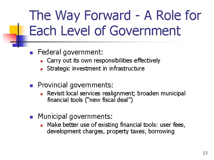 The Way Forward - A Role for Each Level of Government n Federal government: