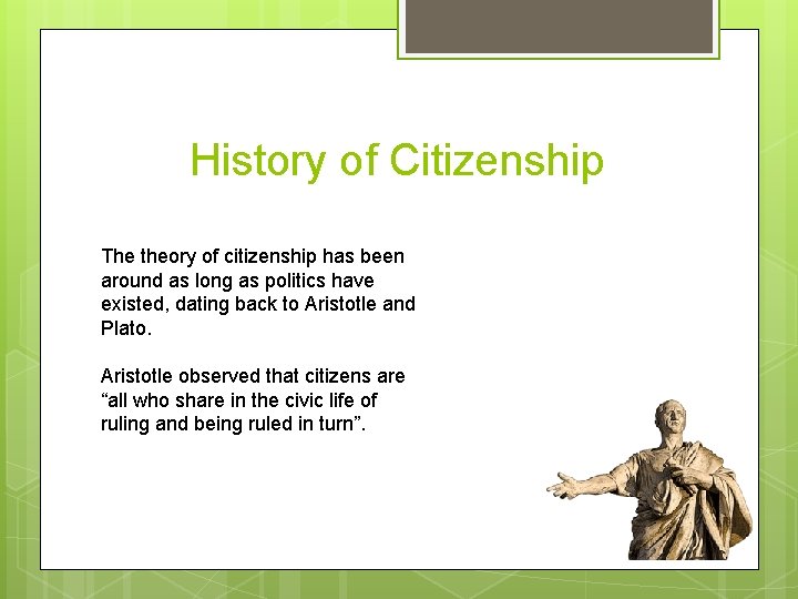 History of Citizenship The theory of citizenship has been around as long as politics