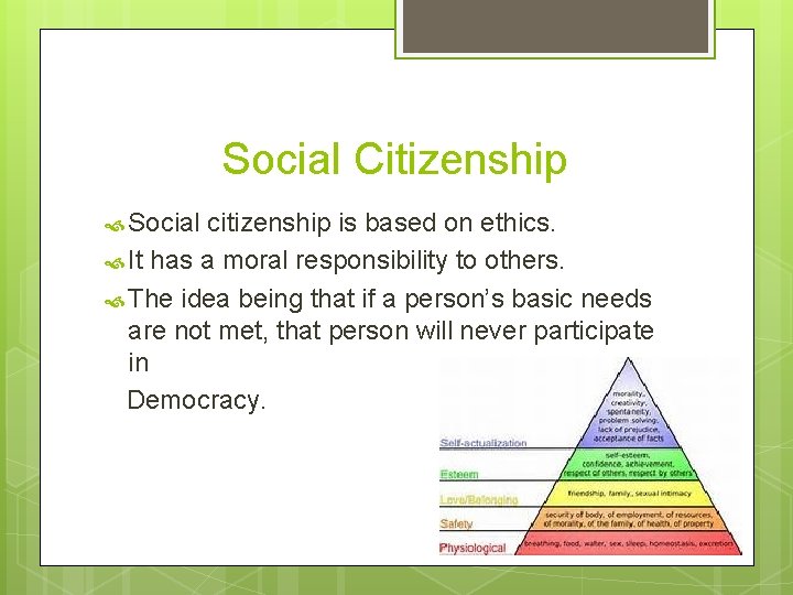 Social Citizenship Social citizenship is based on ethics. It has a moral responsibility to