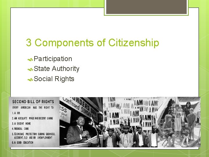 3 Components of Citizenship Participation State Authority Social Rights 