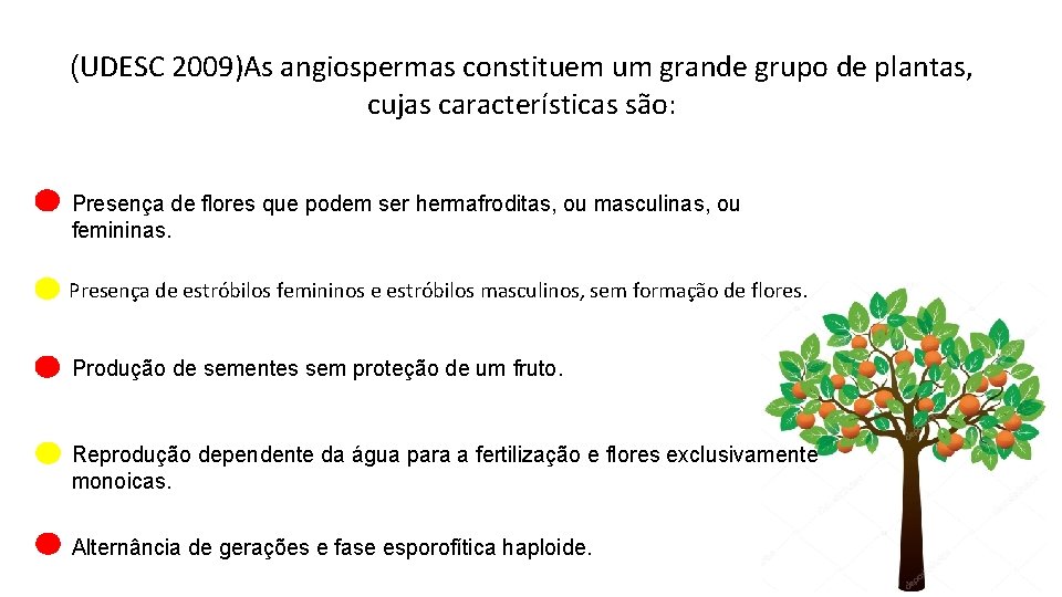 (UDESC 2009)As angiospermas constituem um grande grupo de plantas, cujas características são: Presença de