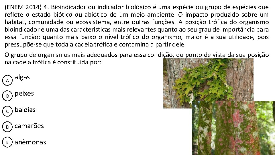 (ENEM 2014) 4. Bioindicador ou indicador biológico é uma espécie ou grupo de espécies