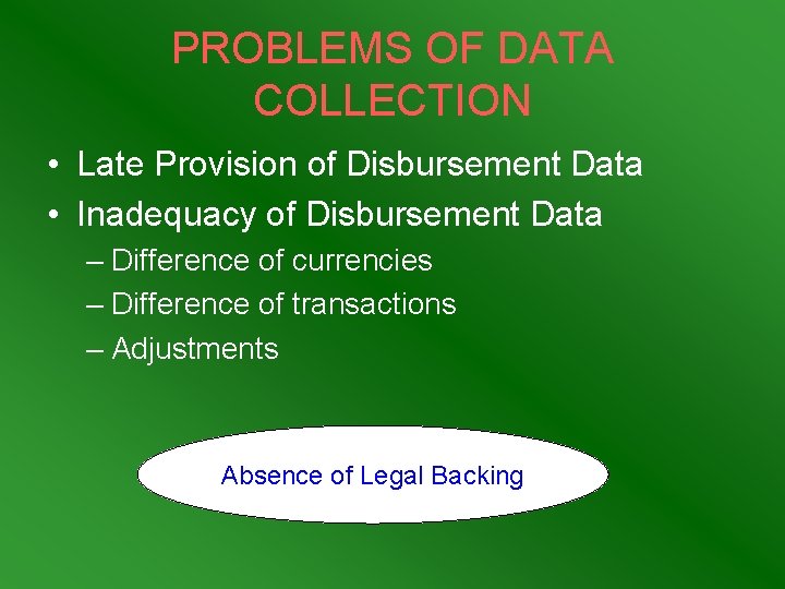 PROBLEMS OF DATA COLLECTION • Late Provision of Disbursement Data • Inadequacy of Disbursement