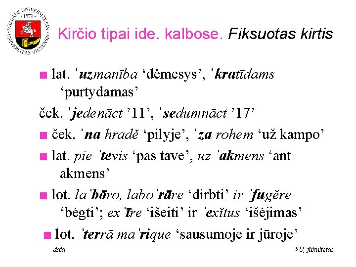Kirčio tipai ide. kalbose. Fiksuotas kirtis ■ lat. ˈuzmanība ‘dėmesys’, ˈkratīdams ‘purtydamas’ ček. ˈjedenāct