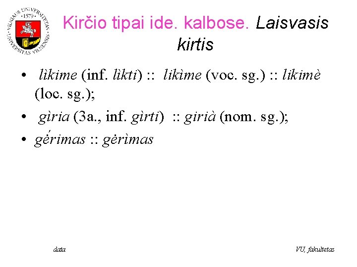 Kirčio tipai ide. kalbose. Laisvasis kirtis • lìkime (inf. lìkti) : : likìme (voc.