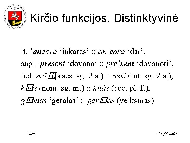 Kirčio funkcijos. Distinktyvinė it. ˈancora ‘inkaras’ : : anˈcora ‘dar’, ang. ˈpresent ‘dovana’ :