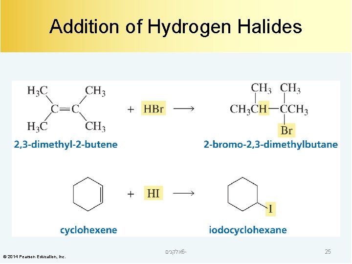 Addition of Hydrogen Halides © 2014 Pearson Education, Inc. אלקנים 6 - 25 