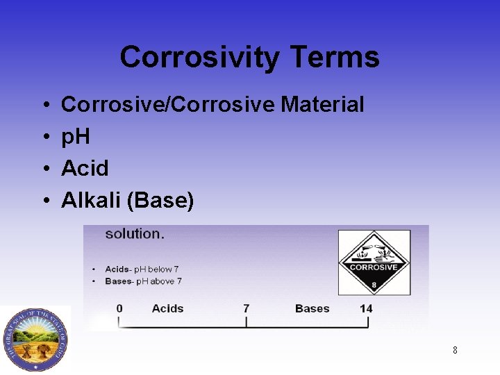 Corrosivity Terms • • Corrosive/Corrosive Material p. H Acid Alkali (Base) 8 
