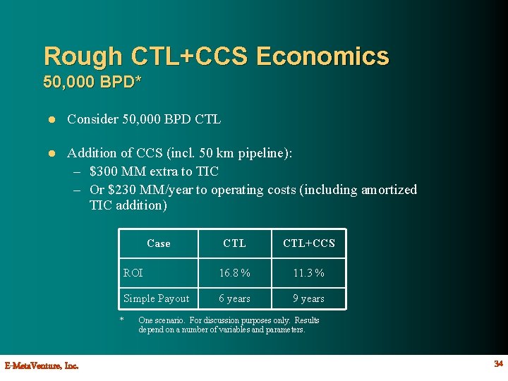 Rough CTL+CCS Economics 50, 000 BPD* l Consider 50, 000 BPD CTL l Addition