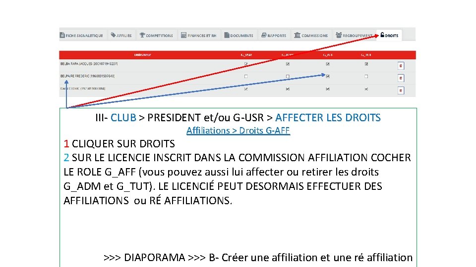 III- CLUB > PRESIDENT et/ou G-USR > AFFECTER LES DROITS Affiliations > Droits G-AFF