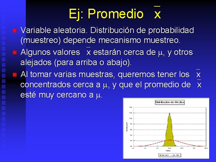 Ej: Promedio `x n n n Variable aleatoria. Distribución de probabilidad (muestreo) depende mecanismo