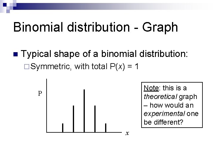 Binomial distribution - Graph n Typical shape of a binomial distribution: ¨ Symmetric, with