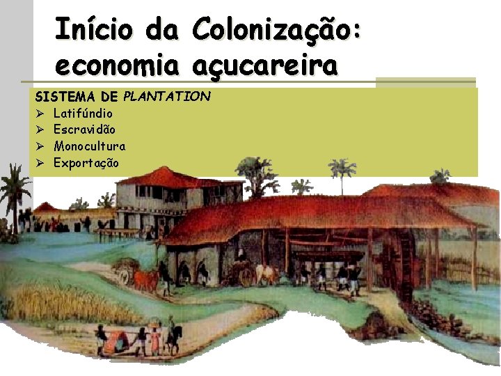 Início da Colonização: economia açucareira SISTEMA DE PLANTATION Ø Latifúndio Ø Escravidão Ø Monocultura