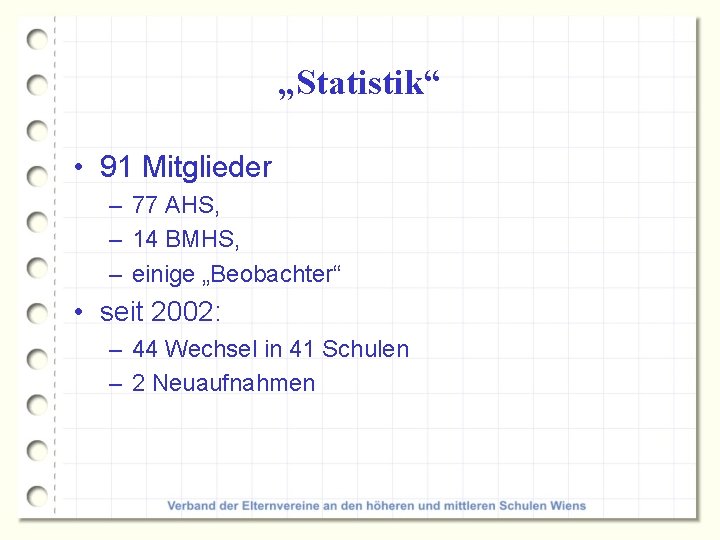 „Statistik“ • 91 Mitglieder – 77 AHS, – 14 BMHS, – einige „Beobachter“ •