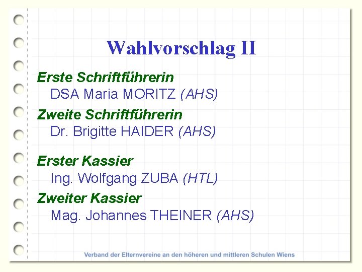 Wahlvorschlag II Erste Schriftführerin DSA Maria MORITZ (AHS) Zweite Schriftführerin Dr. Brigitte HAIDER (AHS)