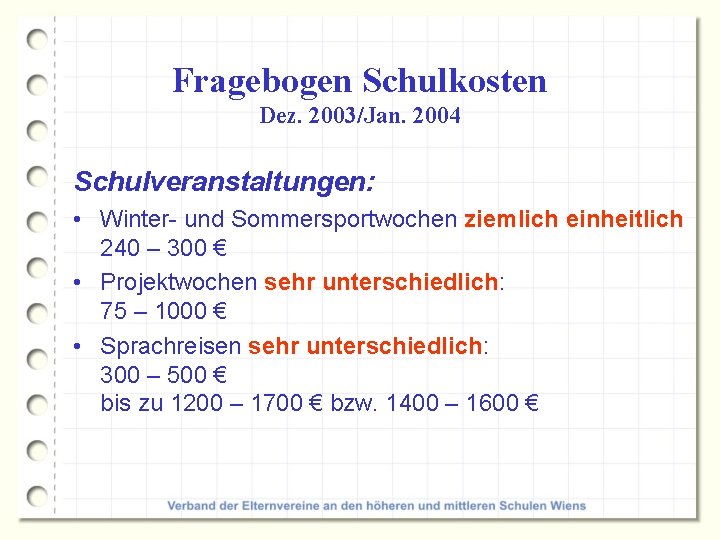 Fragebogen Schulkosten Dez. 2003/Jan. 2004 Schulveranstaltungen: • Winter- und Sommersportwochen ziemlich einheitlich 240 –