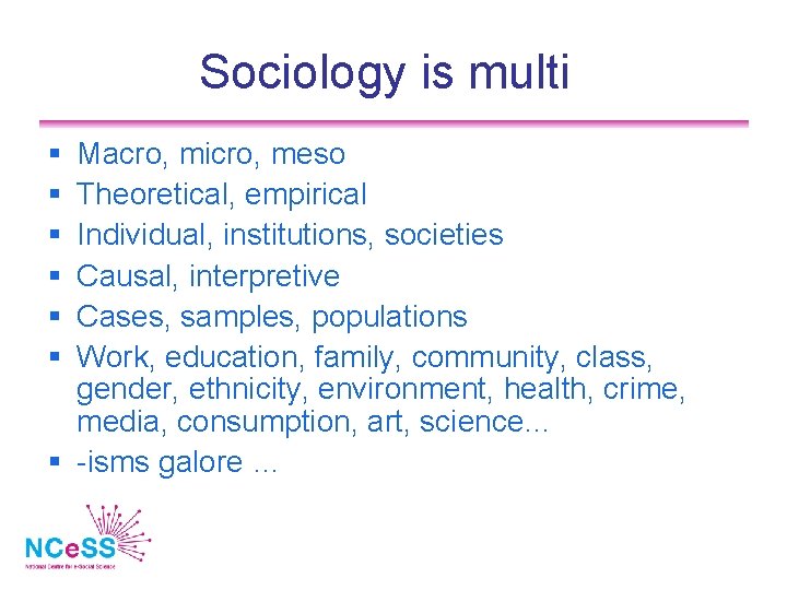 Sociology is multi Macro, micro, meso Theoretical, empirical Individual, institutions, societies Causal, interpretive Cases,