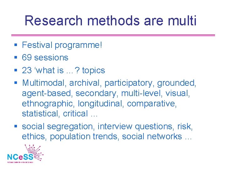 Research methods are multi Festival programme! 69 sessions 23 ‘what is …? topics Multimodal,