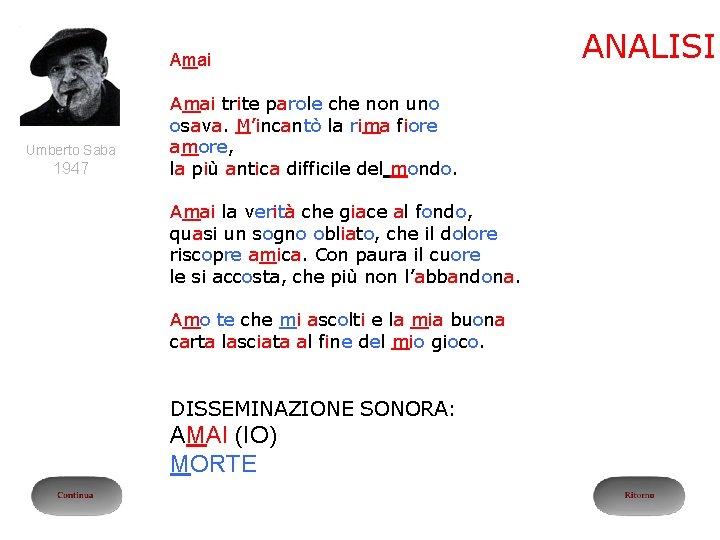 Amai Umberto Saba 1947 Amai trite parole che non uno osava. M’incantò la rima