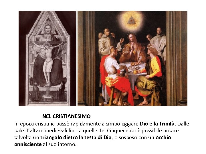 NEL CRISTIANESIMO In epoca cristiana passò rapidamente a simboleggiare Dio e la Trinità. Dalle