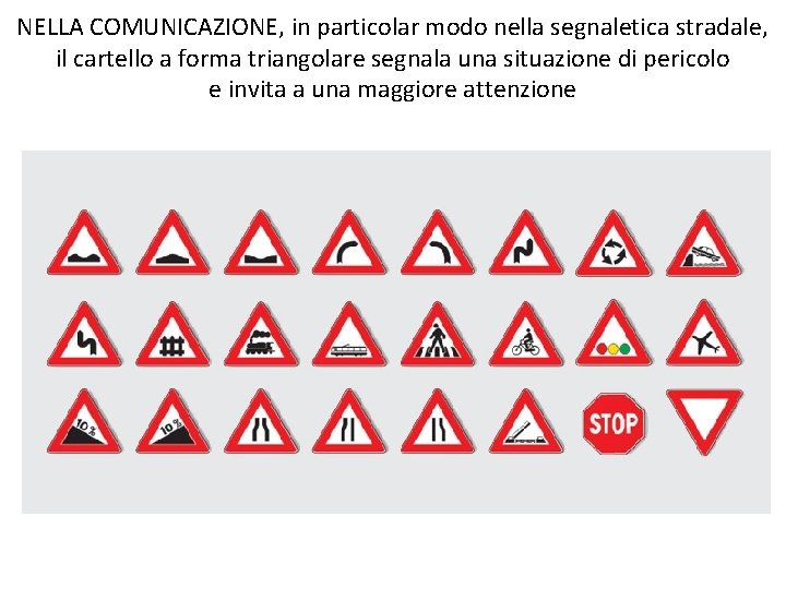 NELLA COMUNICAZIONE, in particolar modo nella segnaletica stradale, il cartello a forma triangolare segnala