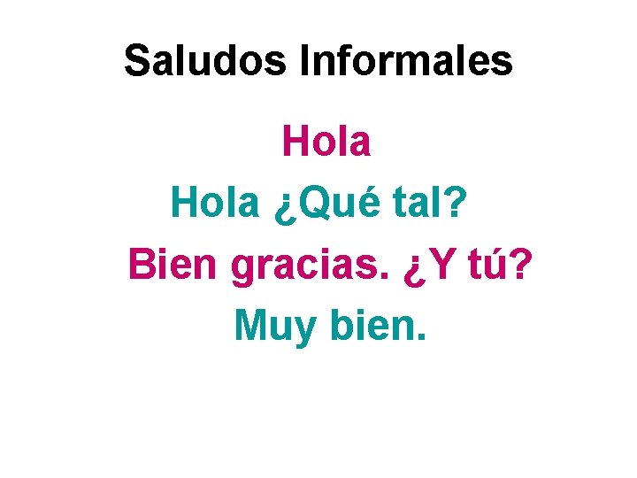 Saludos Informales Hola ¿Qué tal? Bien gracias. ¿Y tú? Muy bien. 