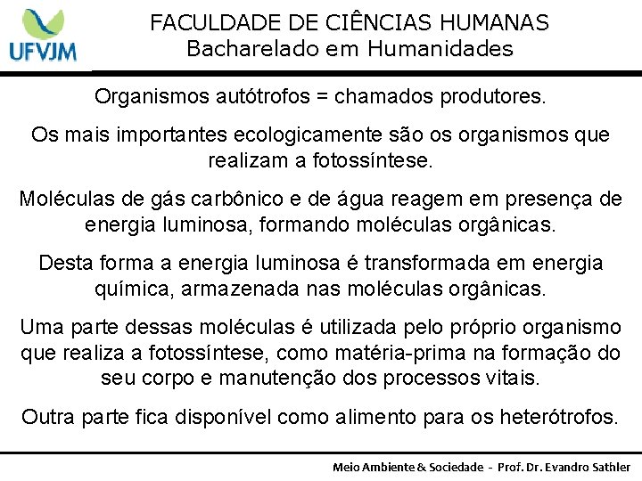 FACULDADE DE CIÊNCIAS HUMANAS Bacharelado em Humanidades Organismos autótrofos = chamados produtores. Os mais