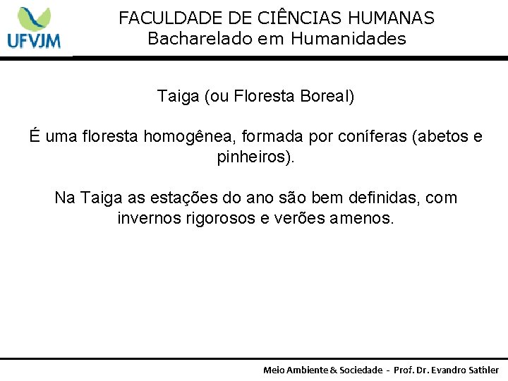 FACULDADE DE CIÊNCIAS HUMANAS Bacharelado em Humanidades Taiga (ou Floresta Boreal) É uma floresta