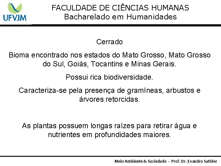 FACULDADE DE CIÊNCIAS HUMANAS Bacharelado em Humanidades Cerrado Bioma encontrado nos estados do Mato
