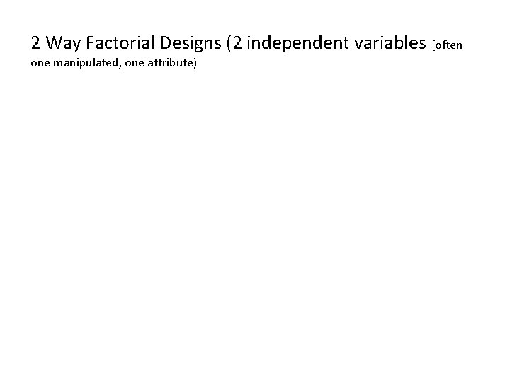 2 Way Factorial Designs (2 independent variables [often one manipulated, one attribute) 