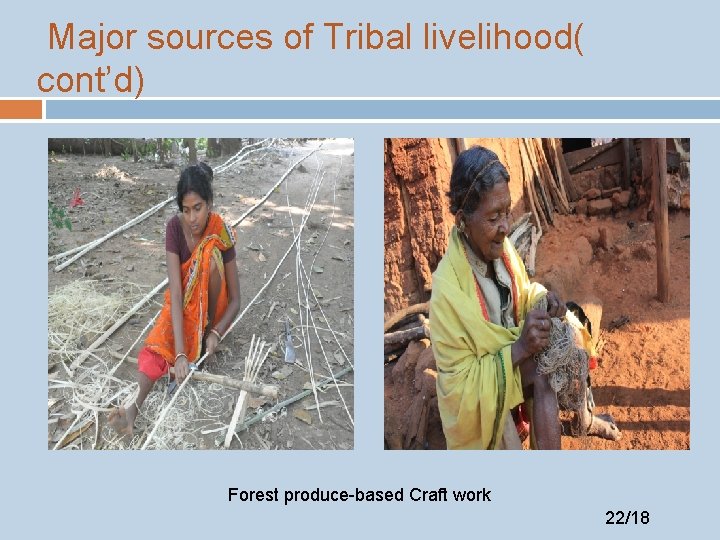 Major sources of Tribal livelihood( cont’d) Forest produce-based Craft work 22/18 