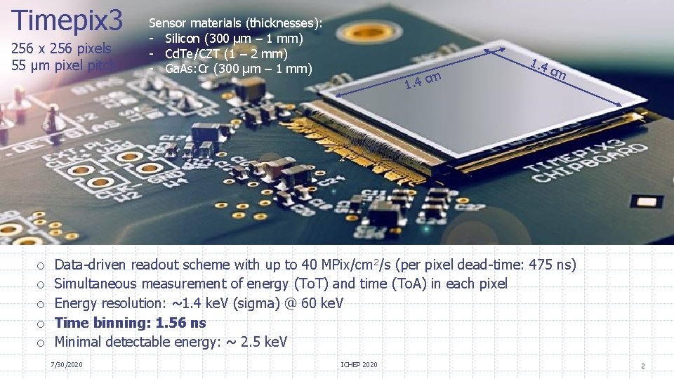 Timepix 3 Sensor materials (thicknesses): - Silicon (300 µm – 1 mm) - Cd.