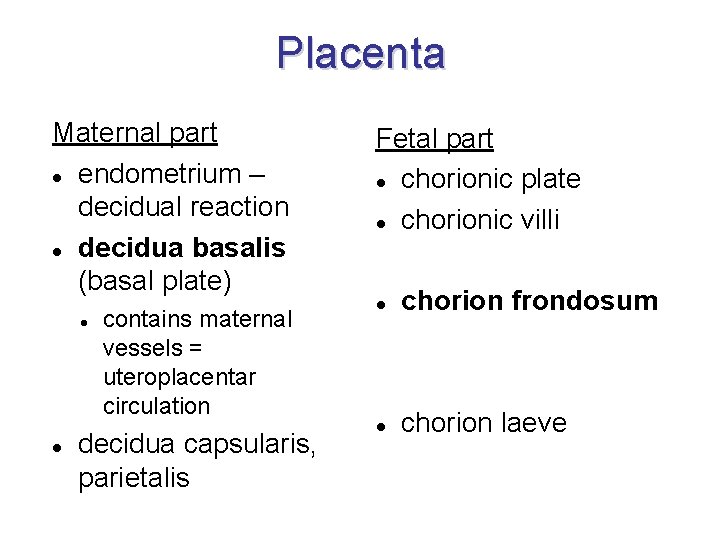 Placenta Maternal part endometrium – decidual reaction decidua basalis (basal plate) contains maternal vessels