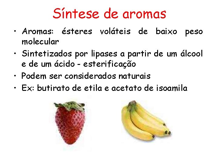 Síntese de aromas • Aromas: ésteres voláteis de baixo peso molecular • Sintetizados por
