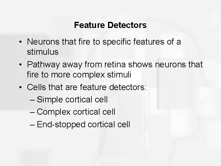 Feature Detectors • Neurons that fire to specific features of a stimulus • Pathway