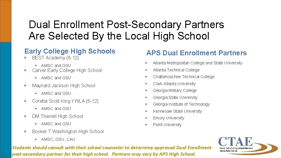 Dual Enrollment Post-Secondary Partners Are Selected By the Local High School Early College High