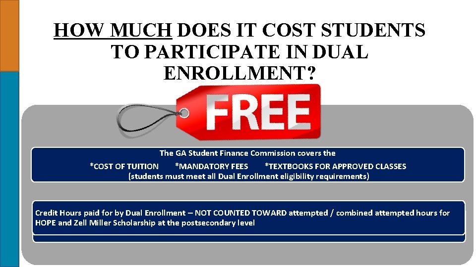 HOW MUCH DOES IT COST STUDENTS TO PARTICIPATE IN DUAL ENROLLMENT? The GA Student