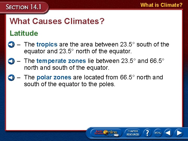 What is Climate? What Causes Climates? Latitude – The tropics are the area between