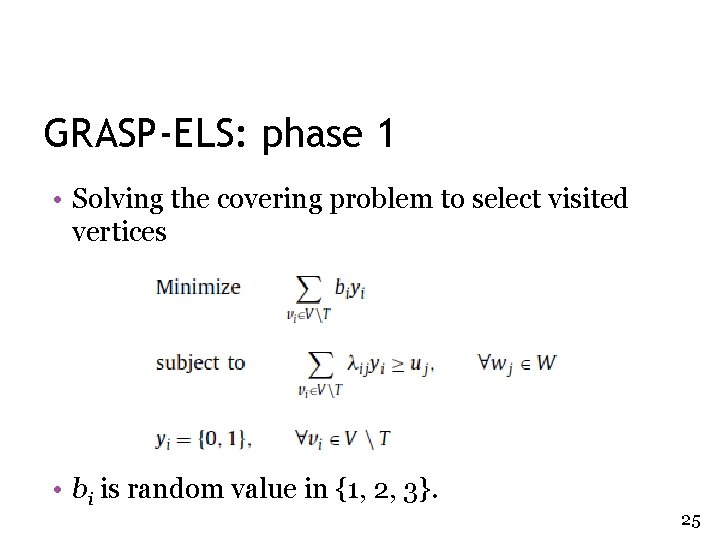 GRASP-ELS: phase 1 • Solving the covering problem to select visited vertices • bi