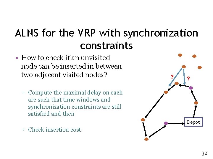 ALNS for the VRP with synchronization constraints • How to check if an unvisited