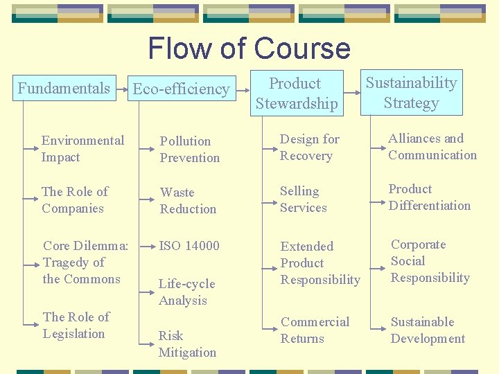 Flow of Course Fundamentals Eco-efficiency Product Stewardship Sustainability Strategy Environmental Impact Pollution Prevention Design