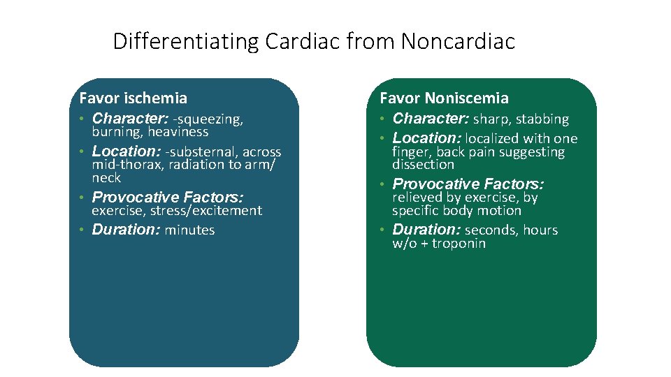 Differentiating Cardiac from Noncardiac Favor ischemia Favor Noniscemia • Character: -squeezing, burning, heaviness •