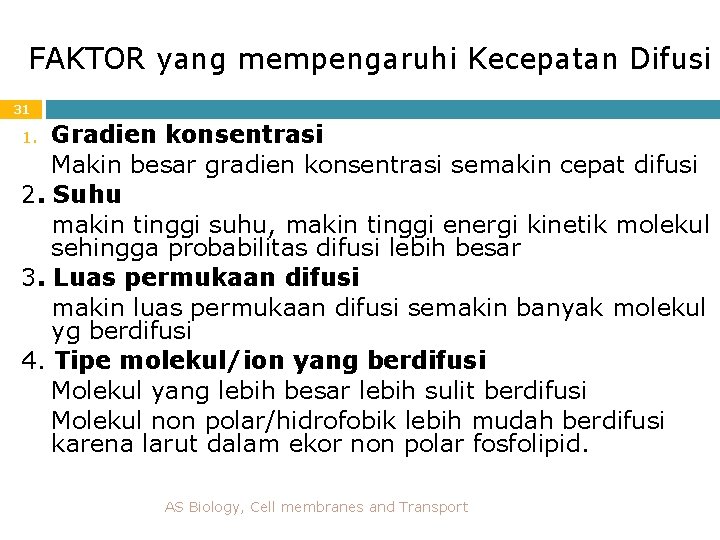 FAKTOR yang mempengaruhi Kecepatan Difusi 31 Gradien konsentrasi Makin besar gradien konsentrasi semakin cepat