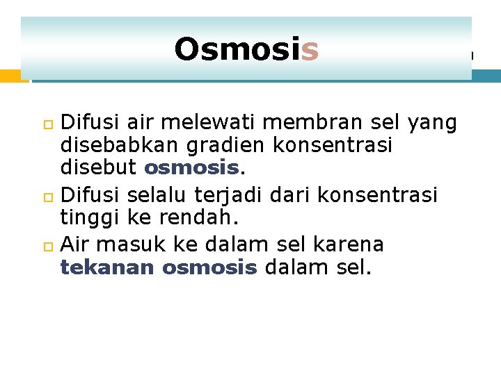 Osmosis animation Difusi air melewati membran sel yang disebabkan gradien konsentrasi disebut osmosis. Difusi