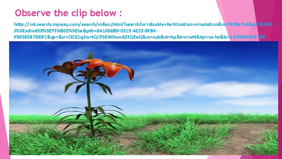 Observe the clip below : http: //int. search. myway. com/search/video. jhtml? searchfor=double+fertilization+simulation&n=7839 e 7