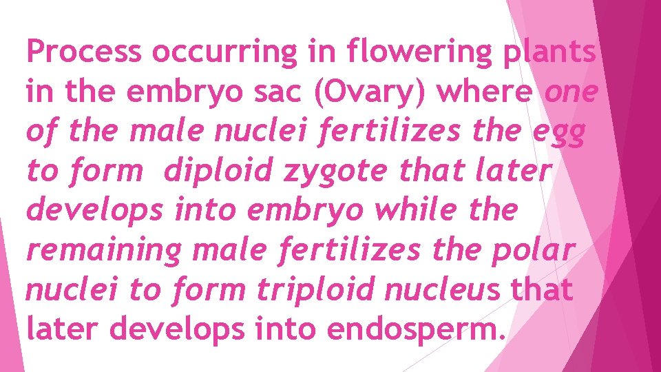 Process occurring in flowering plants in the embryo sac (Ovary) where one of the