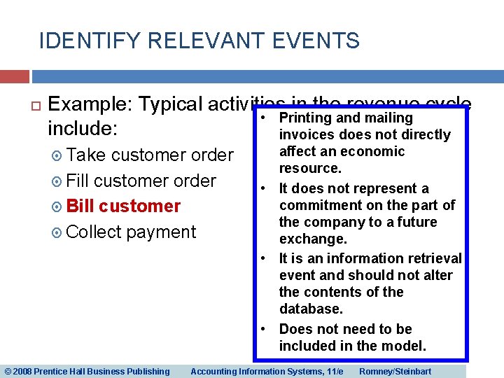 IDENTIFY RELEVANT EVENTS Example: Typical activities in the revenue cycle • Printing and mailing IDENTIFY RELEVANT EVENTS Example: Typical activities in the revenue cycle • Printing and mailing