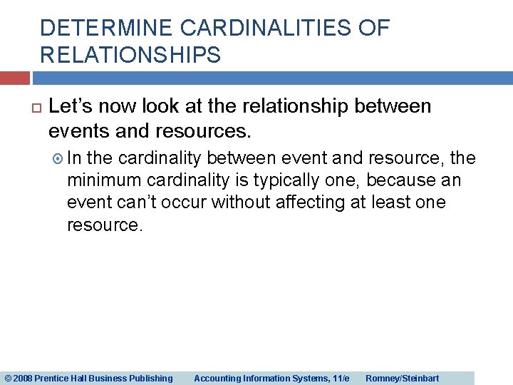 DETERMINE CARDINALITIES OF RELATIONSHIPS Let’s now look at the relationship between events and resources. DETERMINE CARDINALITIES OF RELATIONSHIPS Let’s now look at the relationship between events and resources.