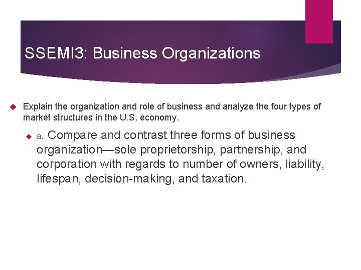 SSEMI 3: Business Organizations Explain the organization and role of business and analyze the