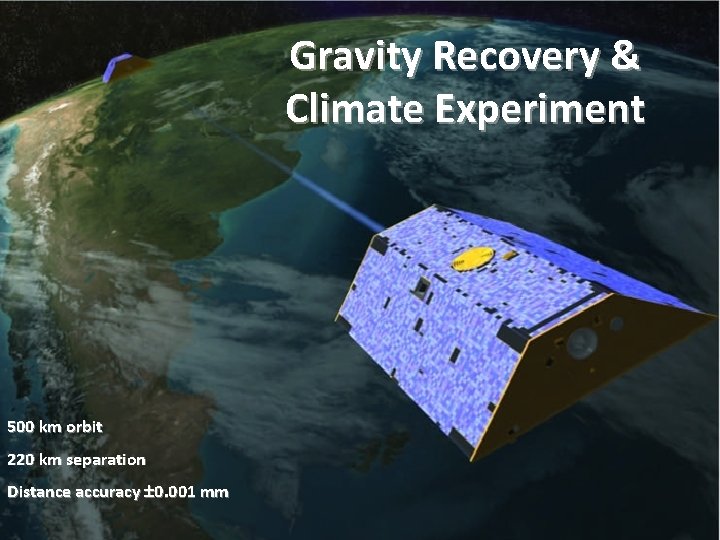 Gravity Recovery & Climate Experiment 500 km orbit 220 km separation Distance accuracy 0.